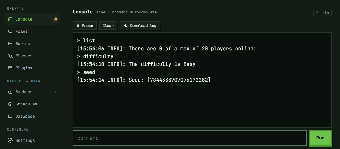 Web console showing completed output for the list, difficulty and seed commands, with an empty command box below