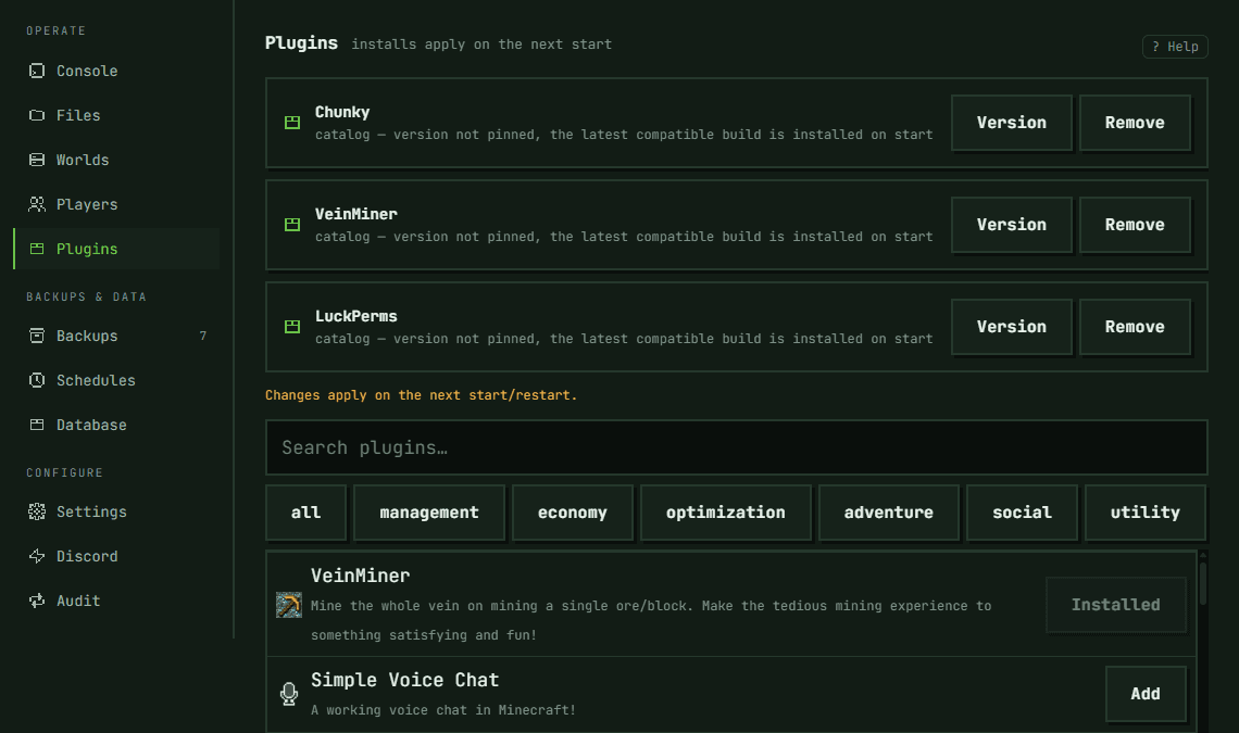 Plugins pane with three installed plugins, each with Version and Remove buttons, above the Modrinth catalog, where an installed plugin is marked Installed